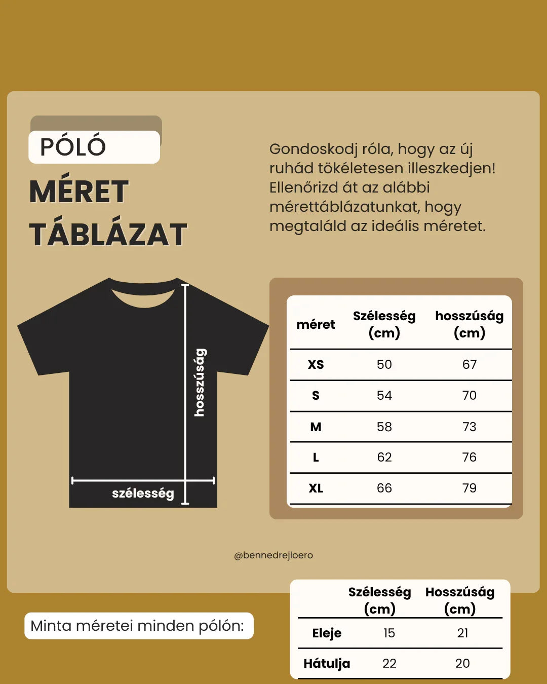 Póló mérettáblázat Benned rejlő erő webáruházhoz, férfi póló méretek és centiméter adatok táblázata.