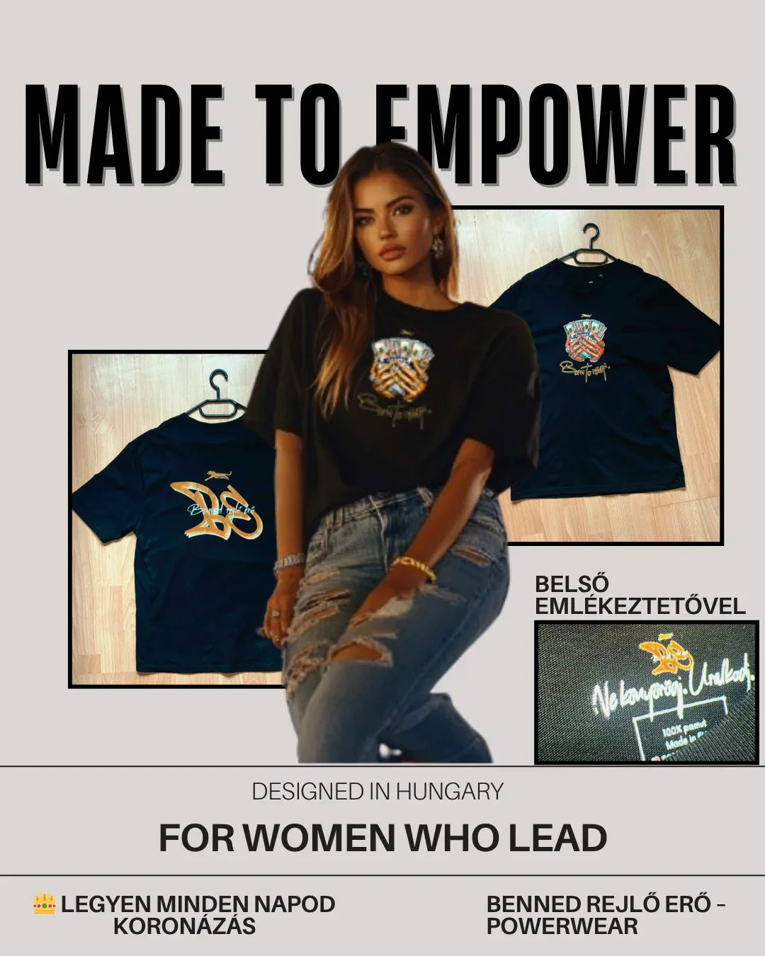 Nő fekete Benned rejlő erő pólóban, motiváló felirattal, magyar tervezésű női powerwear
