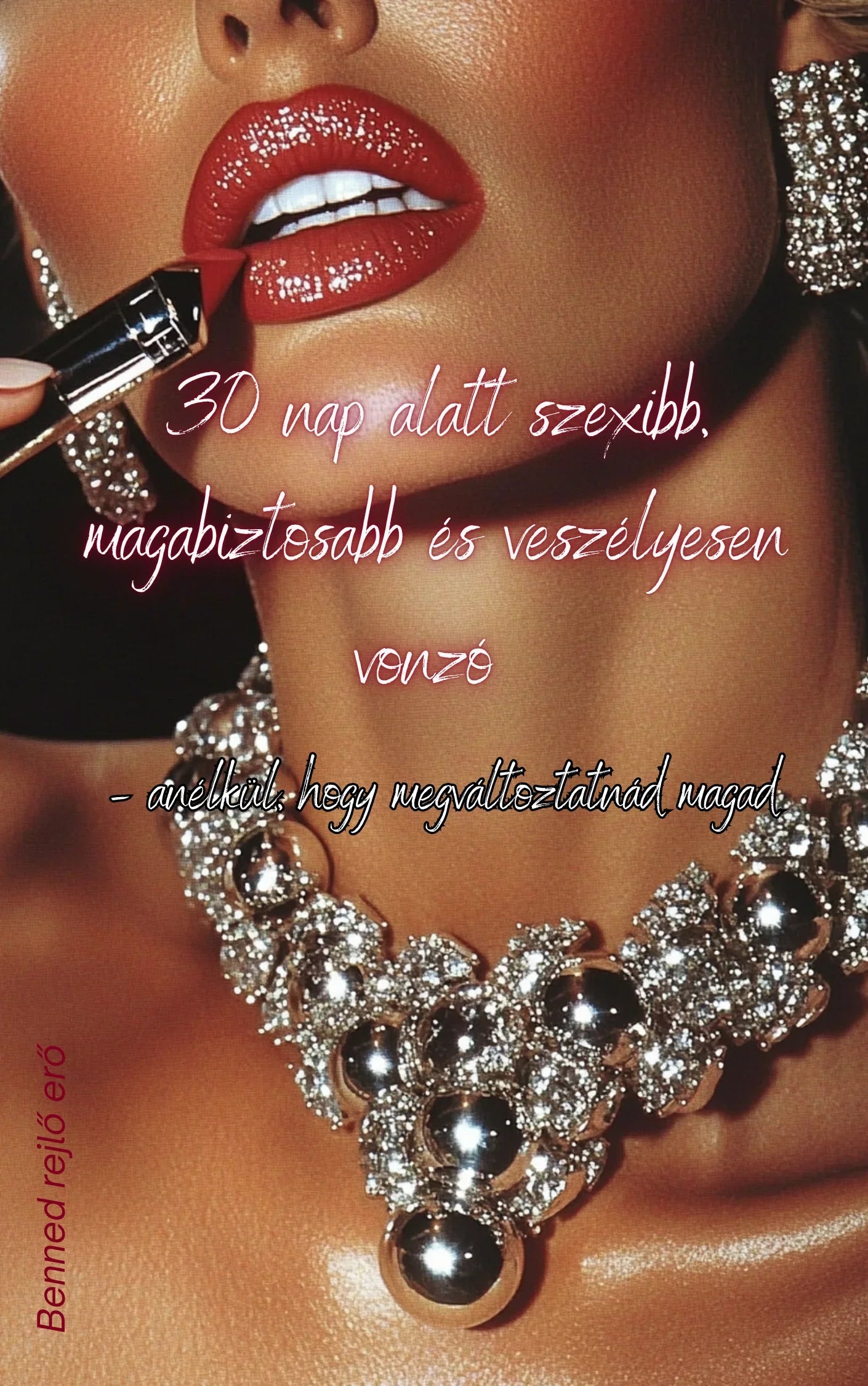 Női arc csillogó rúzzsal, ékszerekkel és Benned rejlő erő szöveg, önbizalom növelés