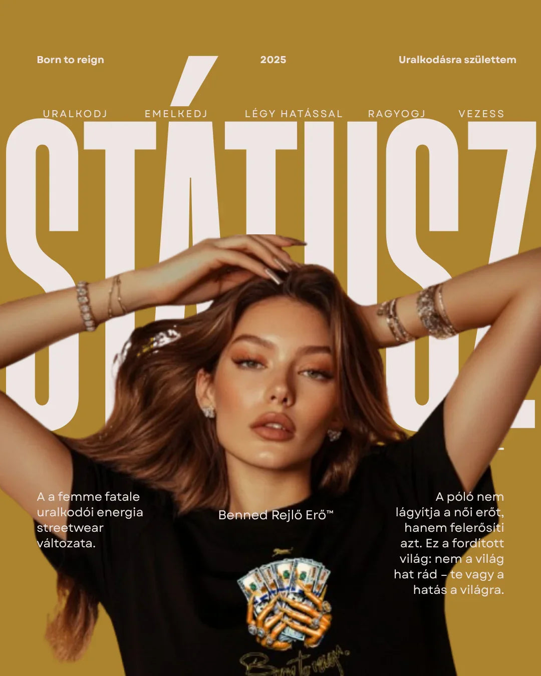 Fiatal nő divatos streetwear pólóban, Benned rejlő erő felirattal, stílusos arany háttér előtt