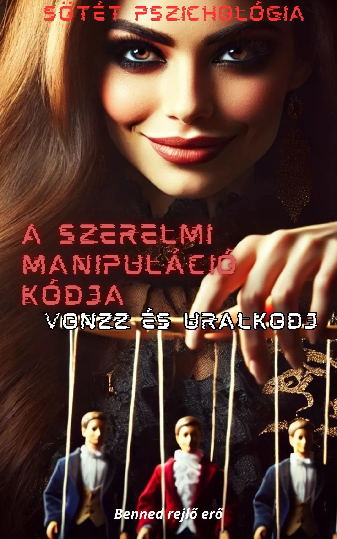 Női portré bábfigurákkal, „sötét pszichológia”, „Benned rejlő erő” és manipulációs kód szöveg