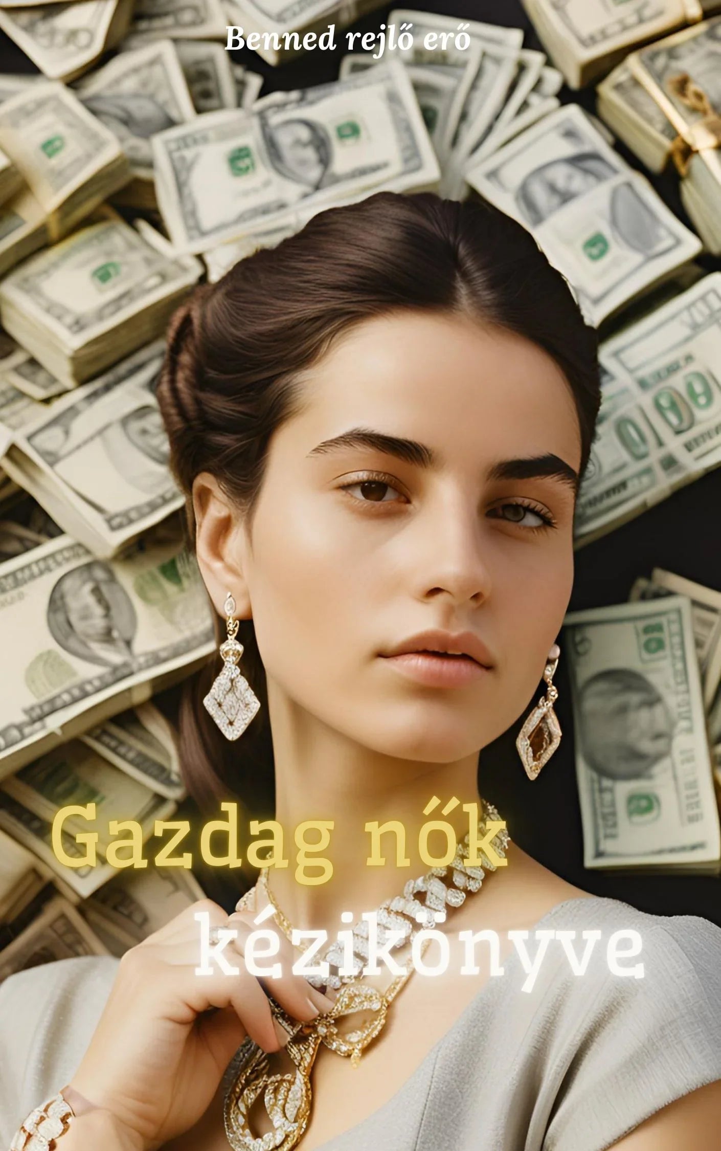 Elegáns nő gyémánt ékszerekkel dollár kötegek előtt, Gazdag nők kézikönyve, Benned rejlő erő