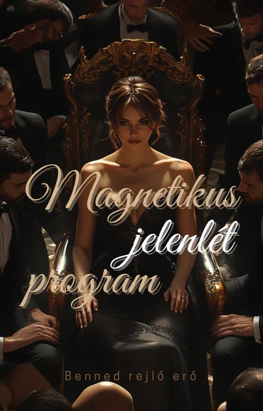 Nő elegáns fekete ruhában arany trónon, körülötte öltönyös férfiak, szöveg: Magnetikus jelenlét program, Benned rejlő erő