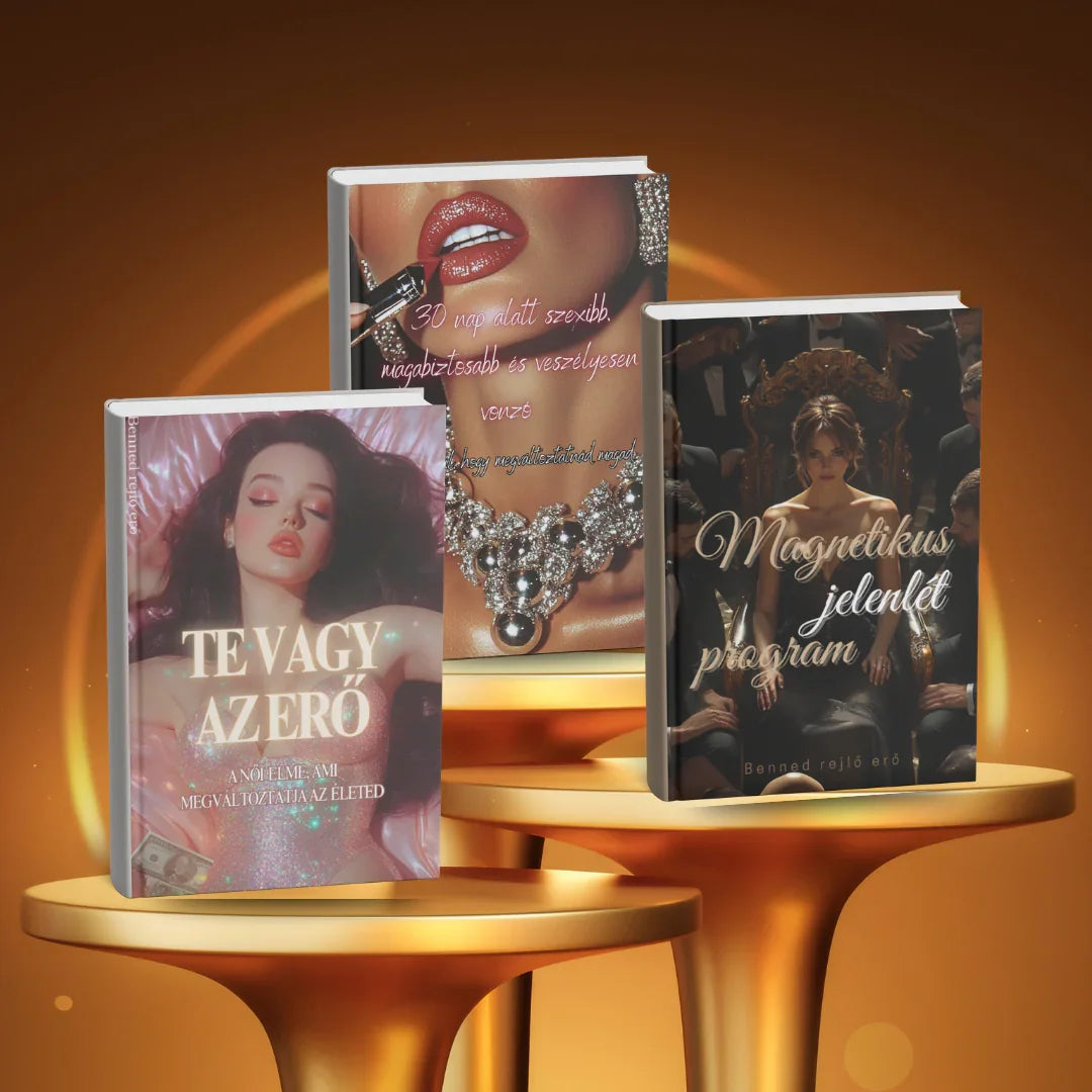 Három női önfejlesztés témájú könyv arany talapzaton, Benned rejlő erő, glamour stílusban