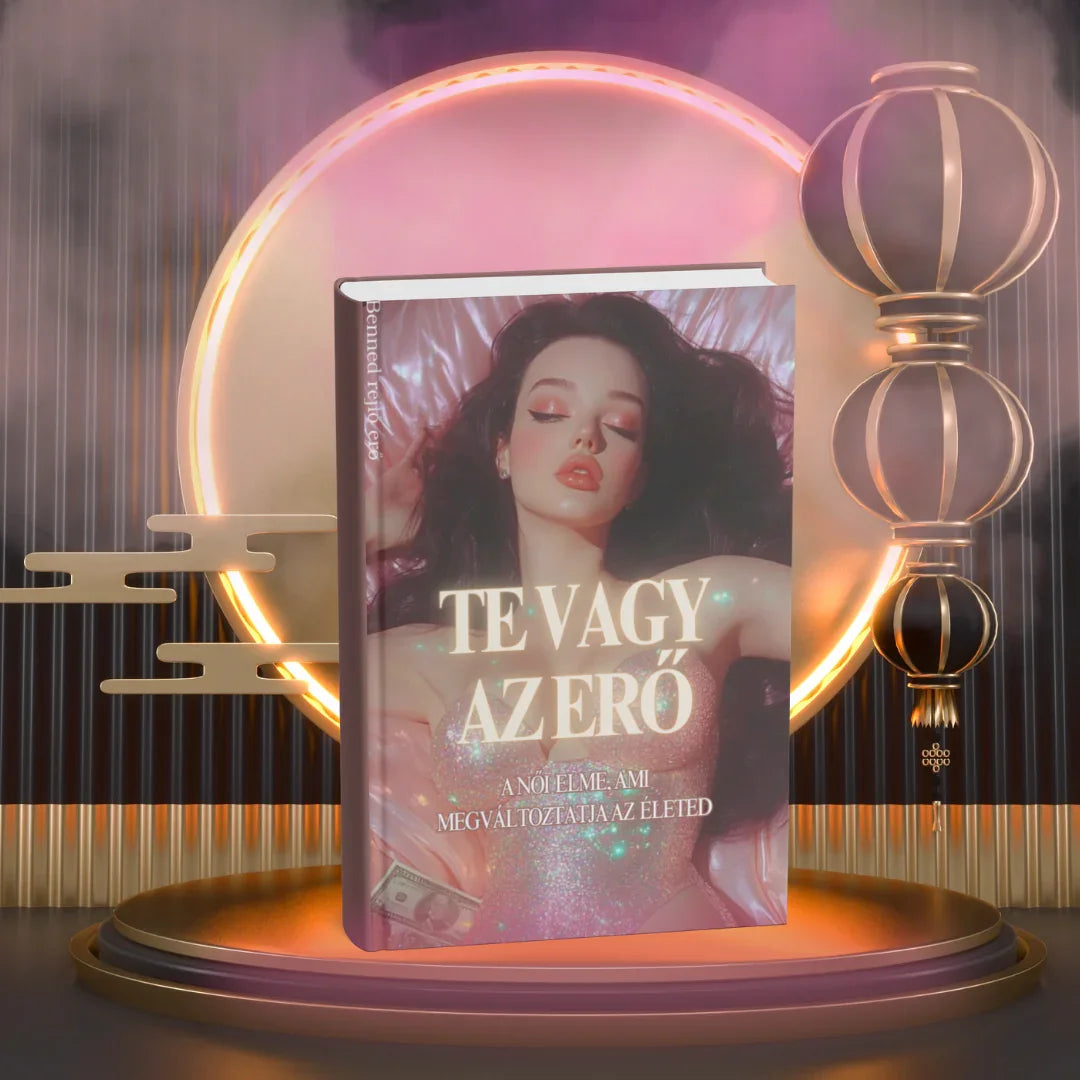 Te vagy az erő könyv modern nő portréval, fényes dekoratív háttér előtt
