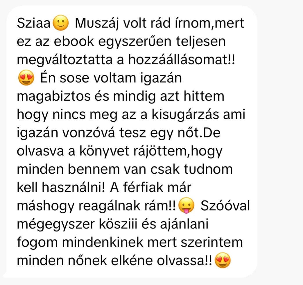 Pozitív vásárlói vélemény a Benned rejlő erő ebook hatásáról, magyar szöveggel, emojikkal.